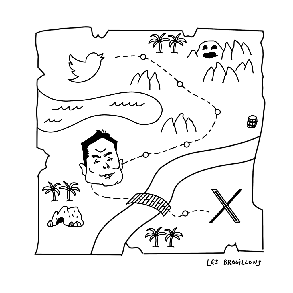 Caricature : Twitter, racheté par Elon Musk, devient X